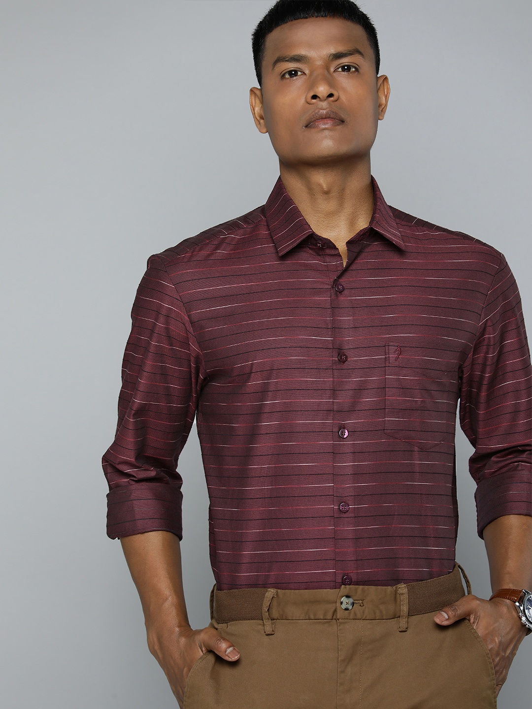 

Indian Terrain Pure Cotton Striped Slim Fit Smart Casual Shirt, Maroon