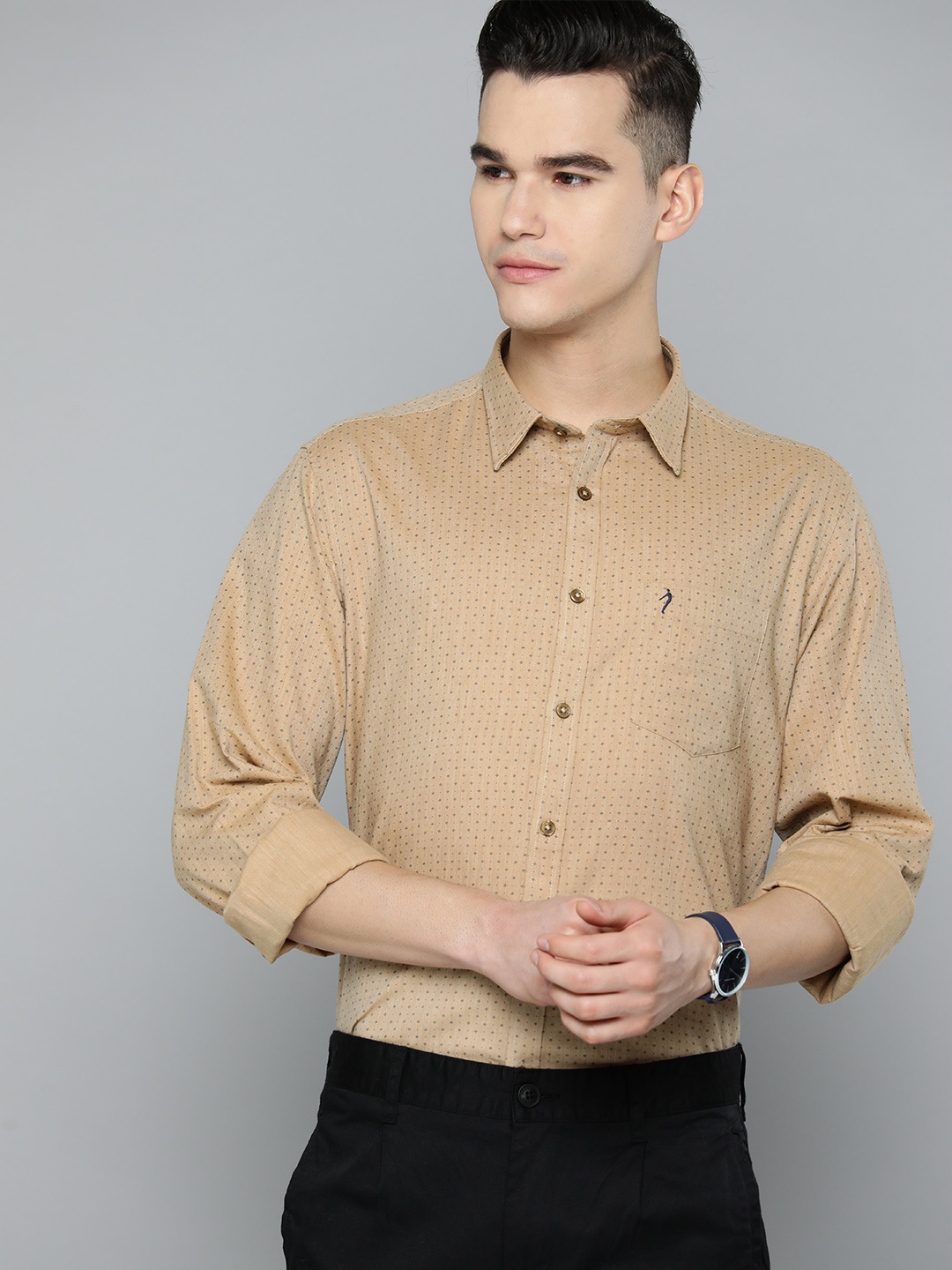 

Indian Terrain Linen Cotton Slim Fit Printed Semiformal Shirt, Beige