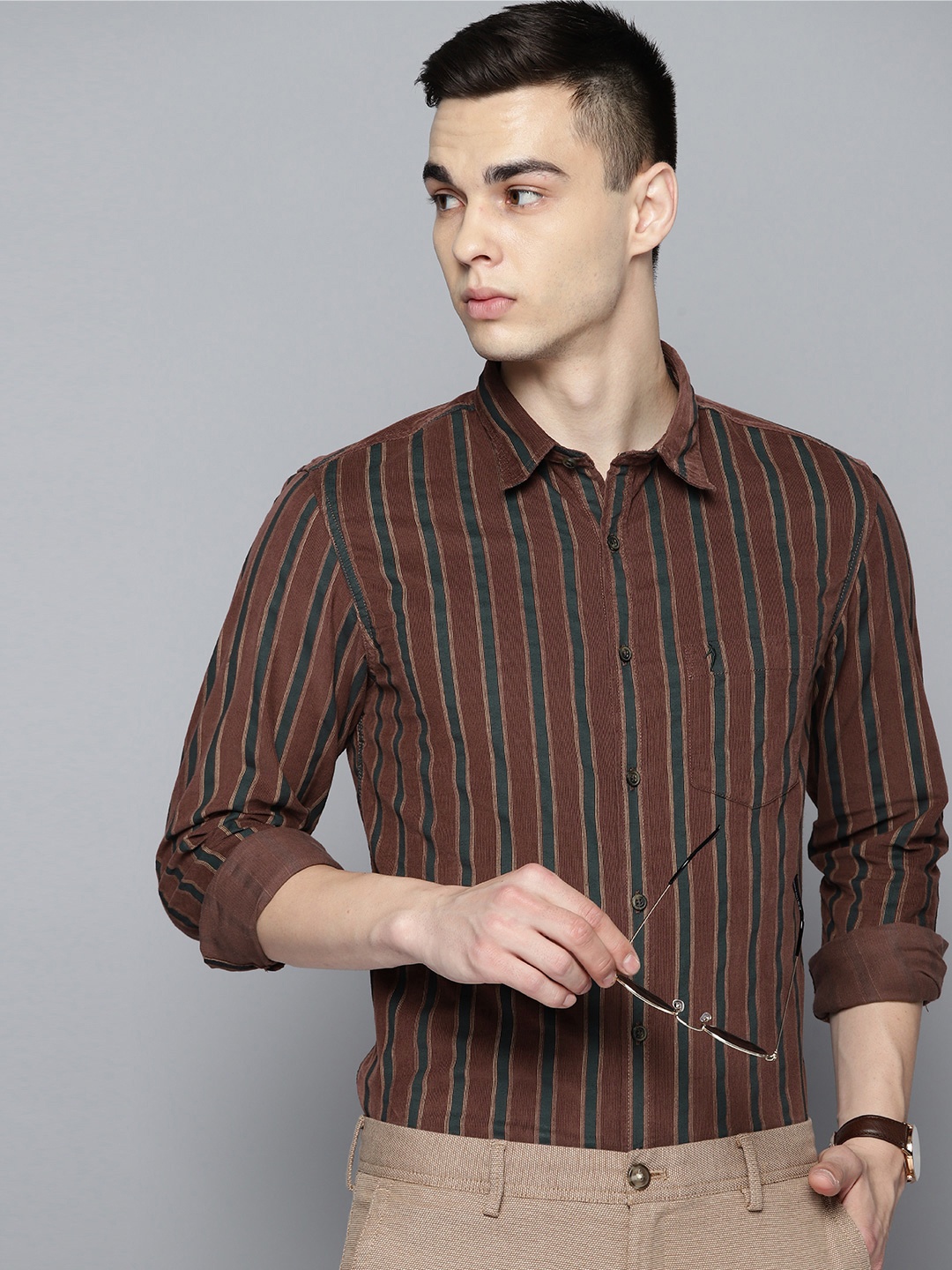 

Indian Terrain Chiseled Slim Fit Opaque Striped Corduroy Semiformal Shirt, Coffee brown