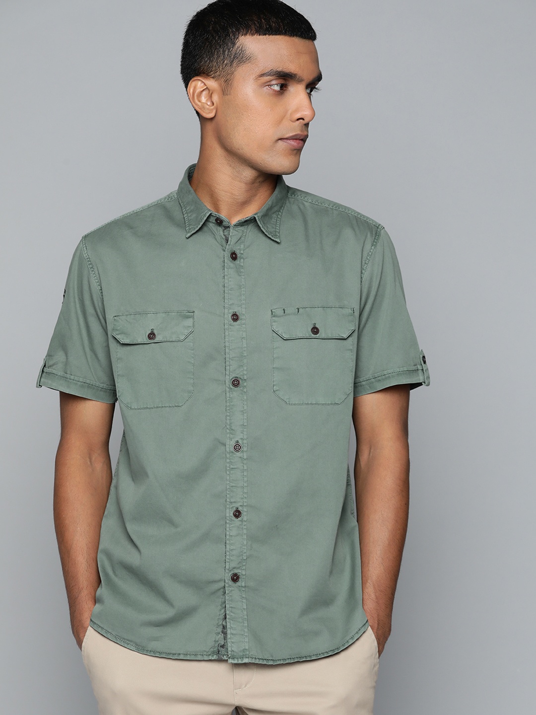 

Indian Terrain x M.S. Dhoni Men Sage Green Pure Cotton Slim Fit Casual Shirt