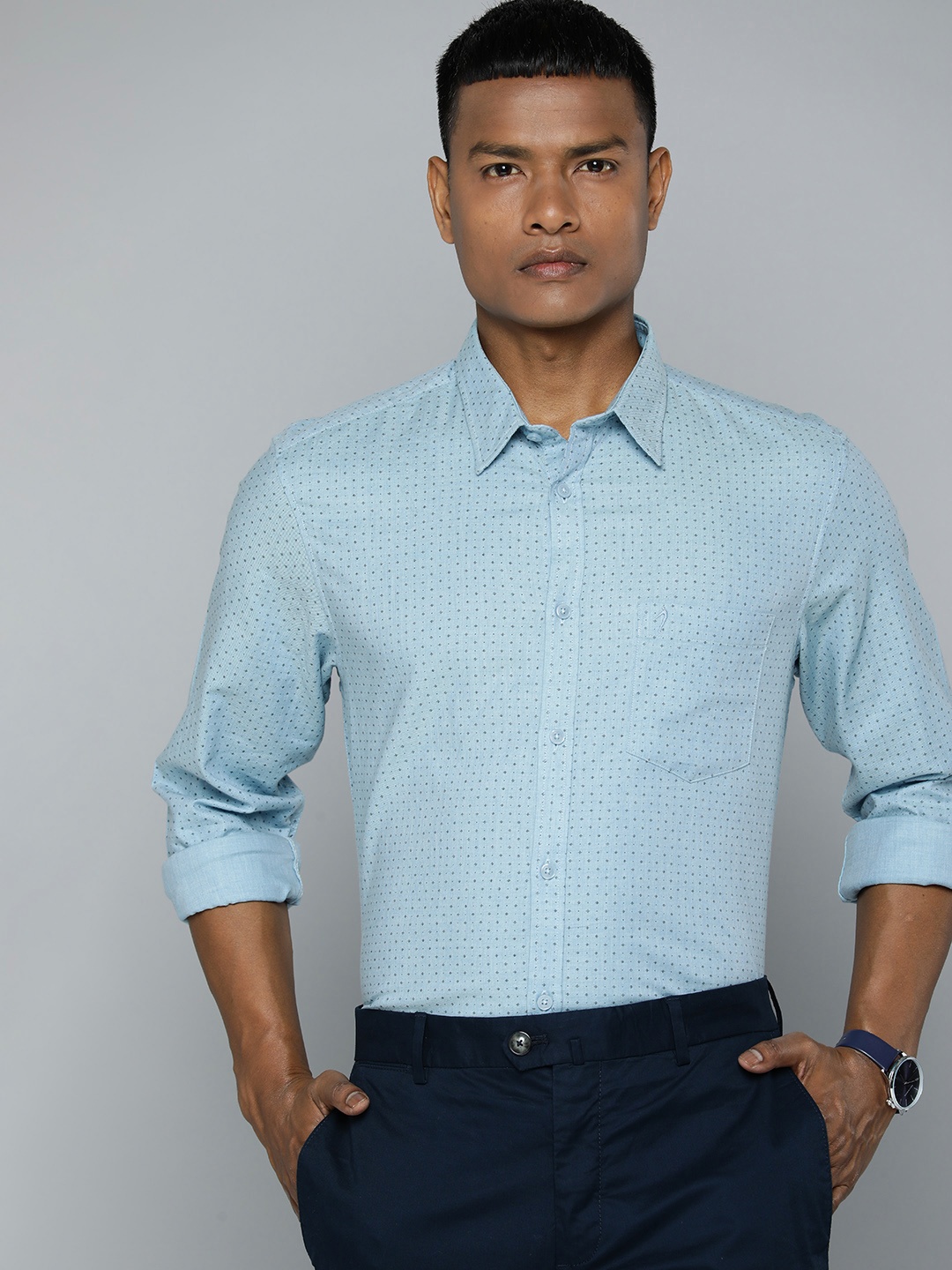 

Indian Terrain Pure Cotton Slim Fit Printed Semiformal Shirt, Blue