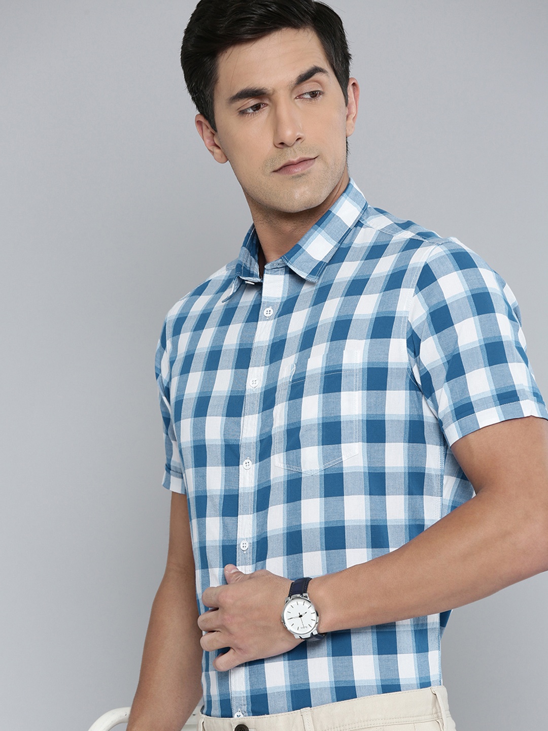 

Indian Terrain Slim Fit Checked Pure Cotton Semiformal Shirt, Blue