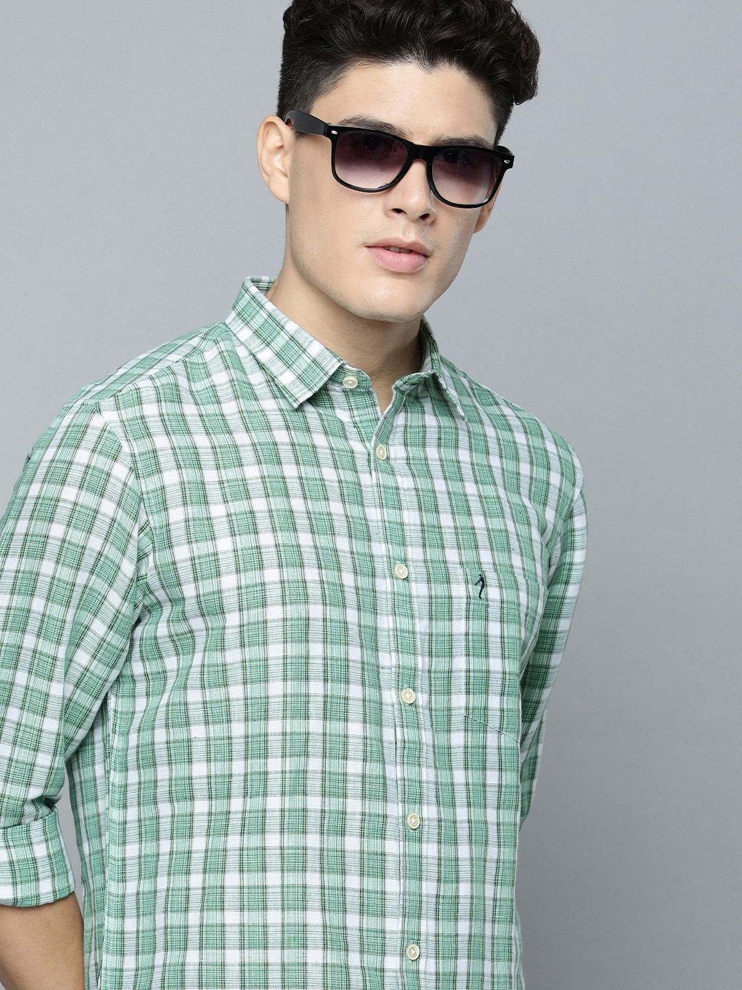

Indian Terrain Linen Cotton Slim Fit Checked Shirt, Green