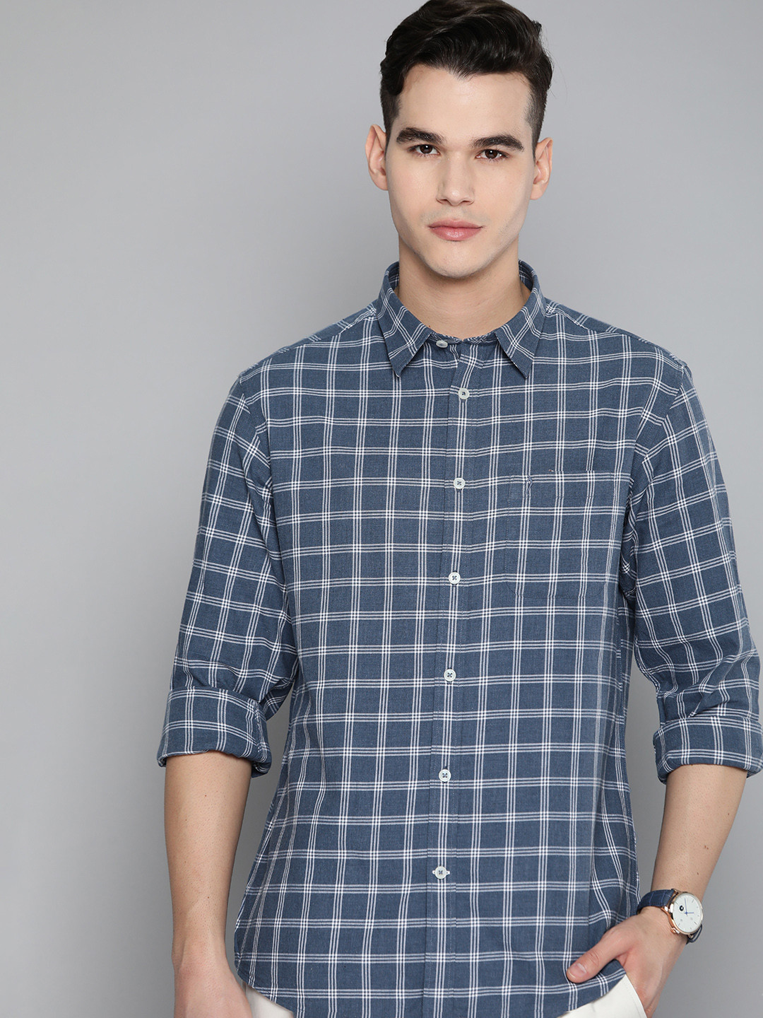 

Indian Terrain Pure Cotton Slim Fit Buffalo Checks Casual Shirt, Blue