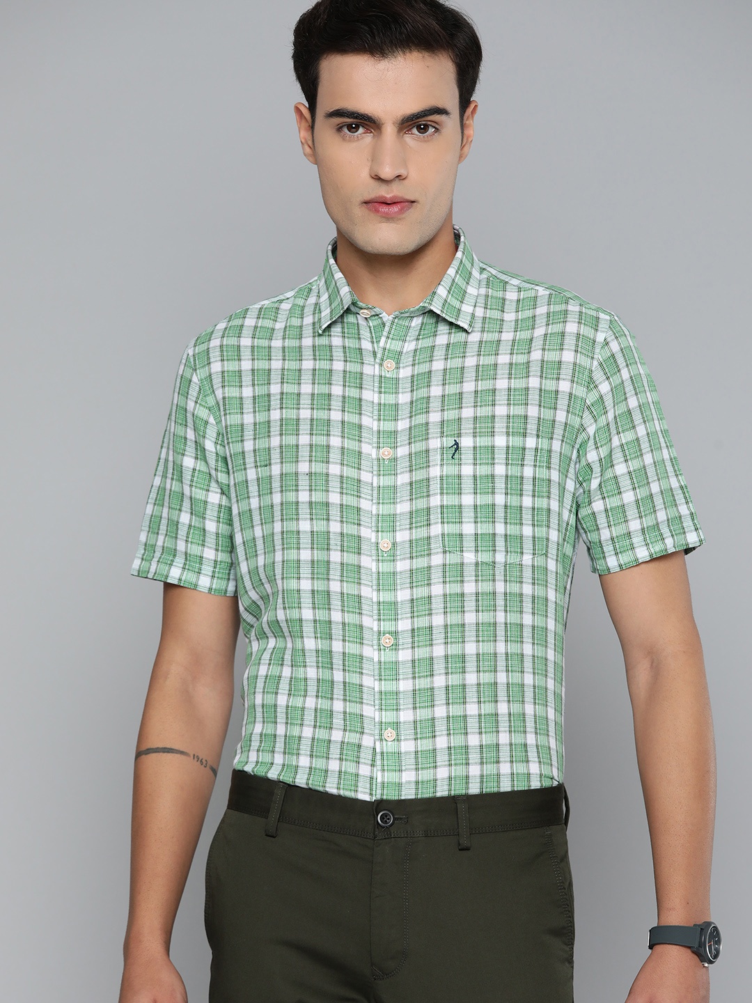 

Indian Terrain Linen Cotton Slim Fit Tartan Checks Checked Semiformal Shirt, Green