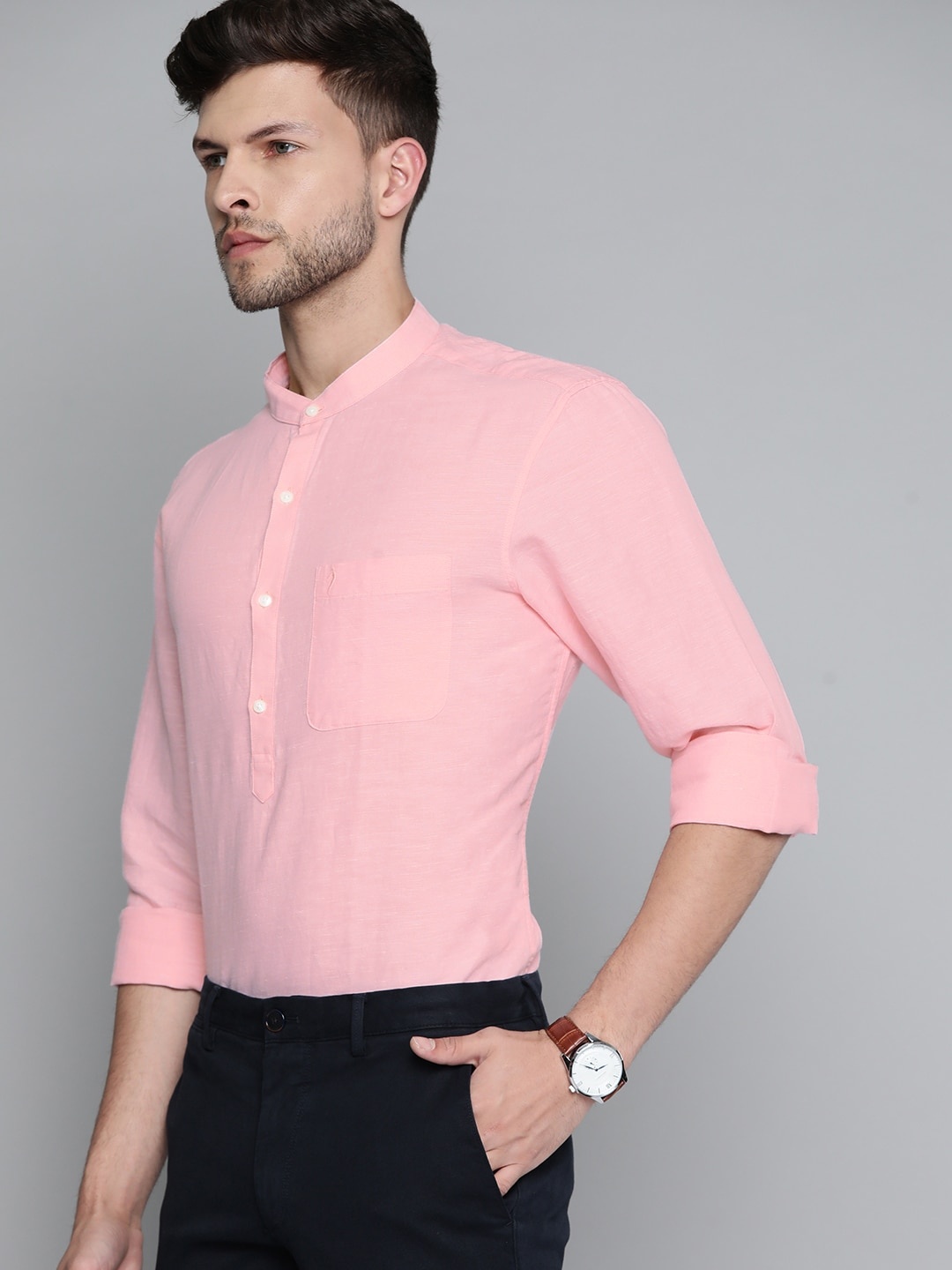 

Indian Terrain Men Pink Linen Cotton Slim Fit Solid Smart Casual Shirt