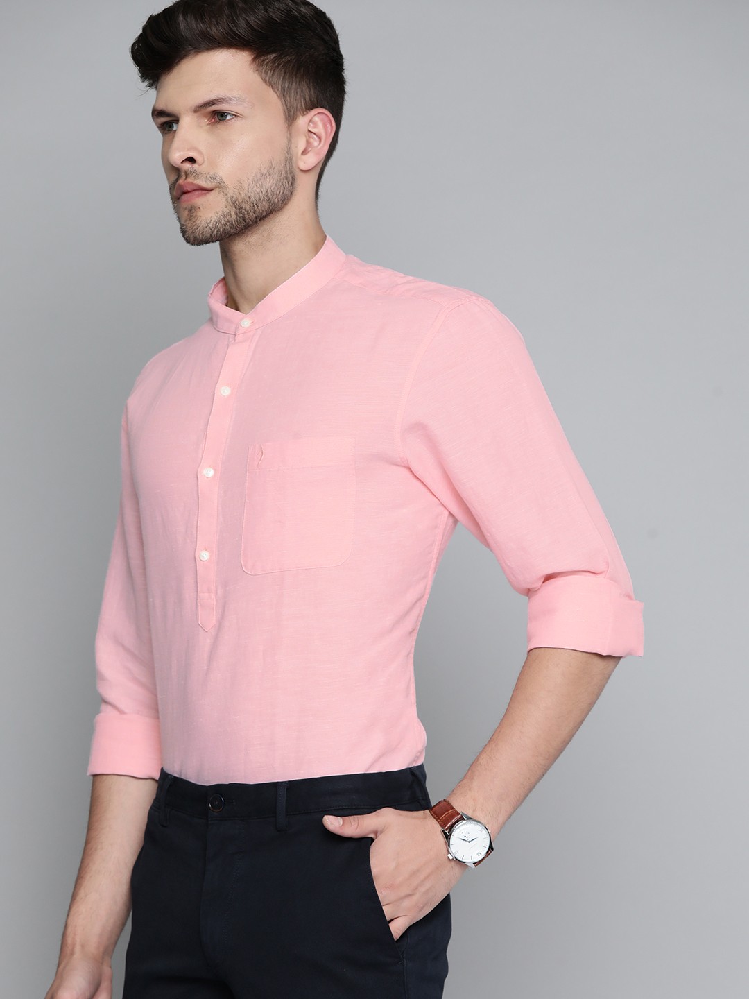 

Indian Terrain Men Pink Linen Cotton Slim Fit Solid Smart Casual Shirt