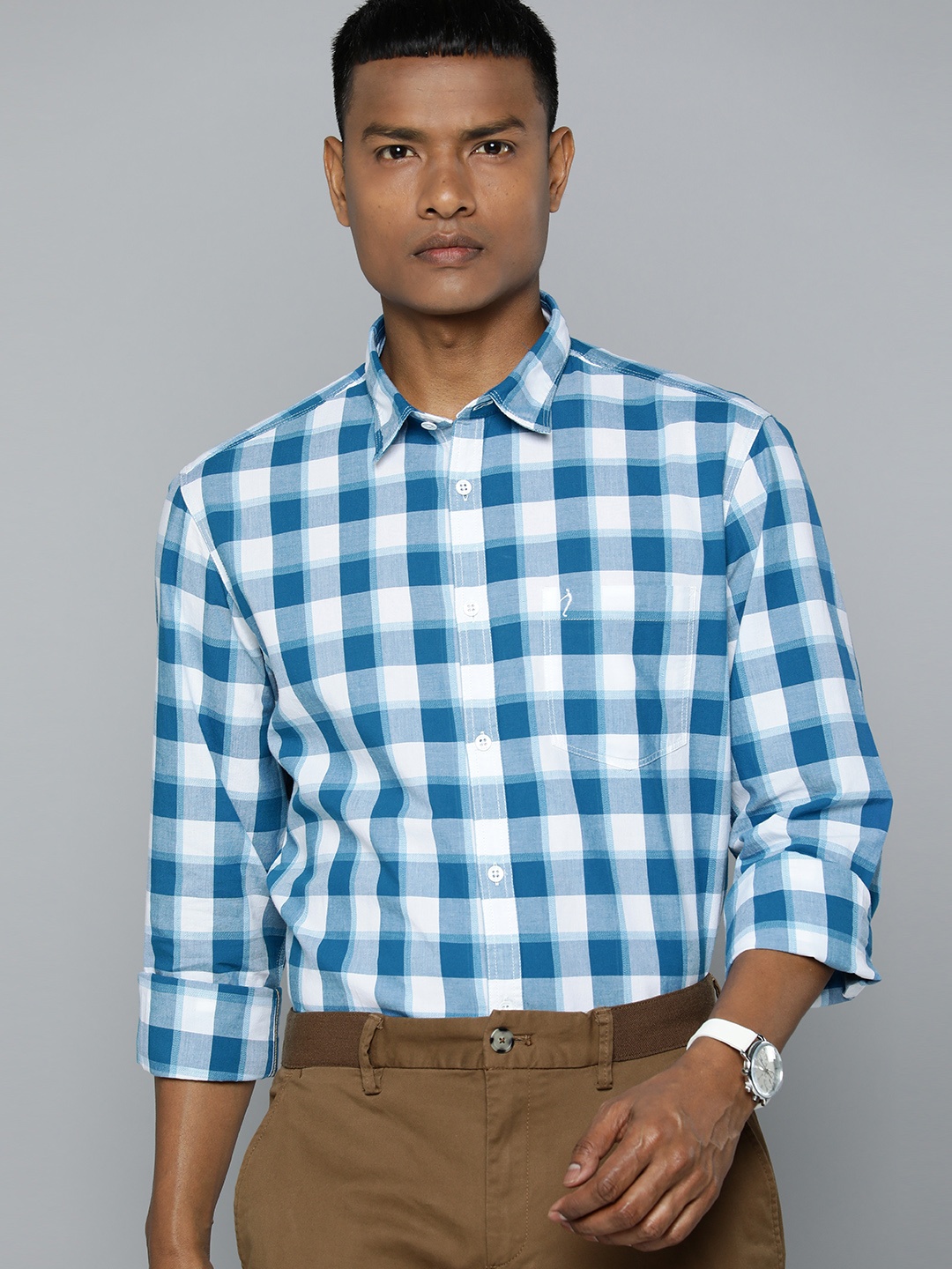 

Indian Terrain Pure Cotton Slim Fit Checked Smart Casual Shirt, Blue