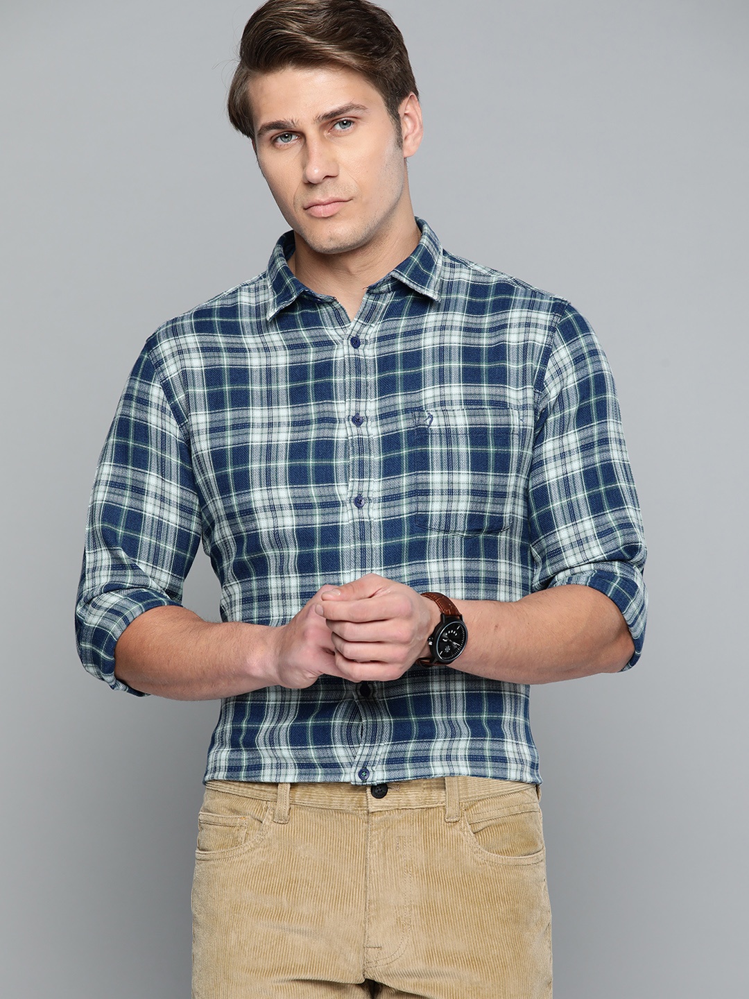 

Indian Terrain Men Blue & White Pure Cotton Slim Fit Tartan Checked Formal Shirt