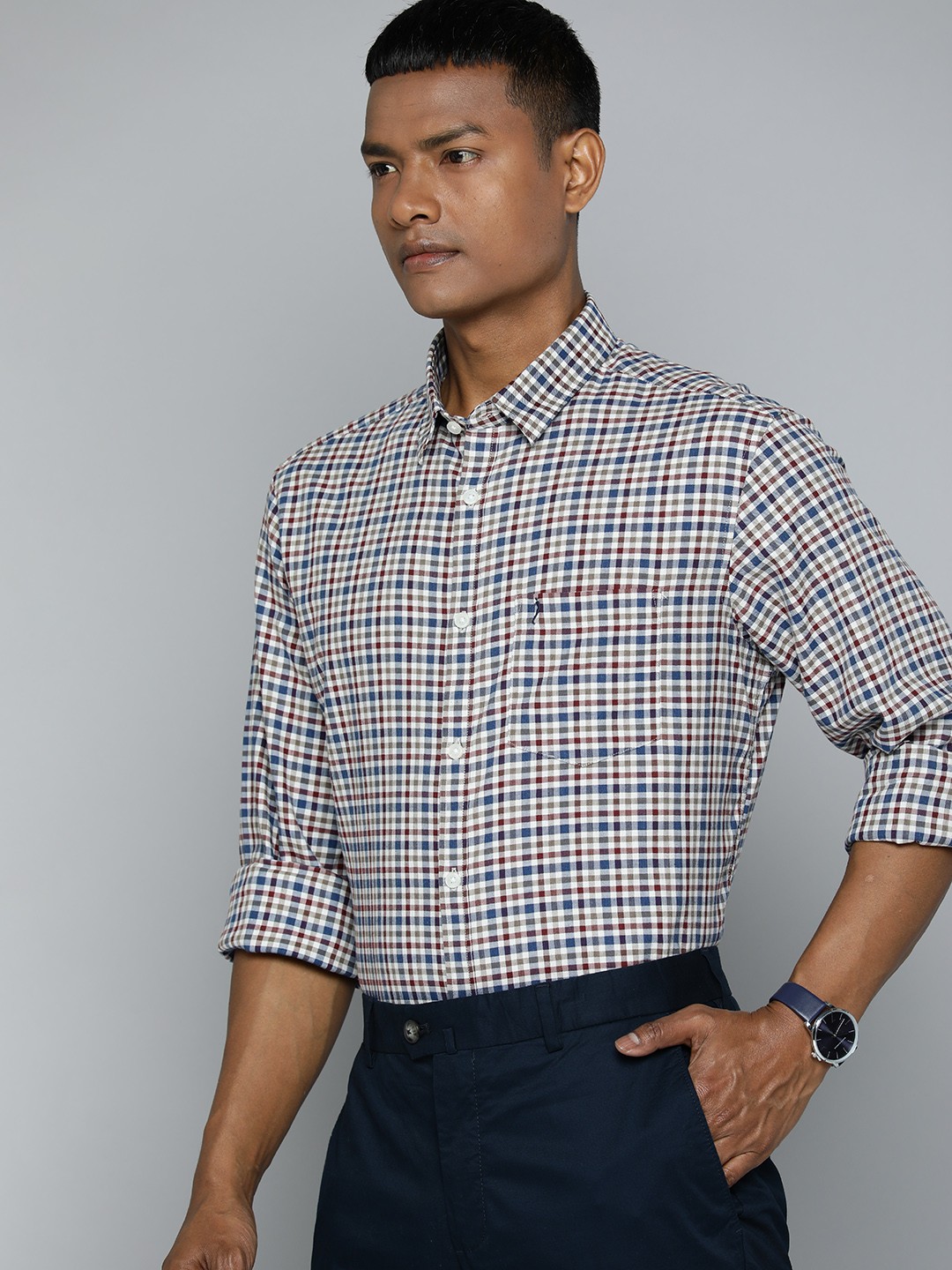 

Indian Terrain Pure Cotton Slim Fit Gingham Checked Formal Shirt, Burgundy