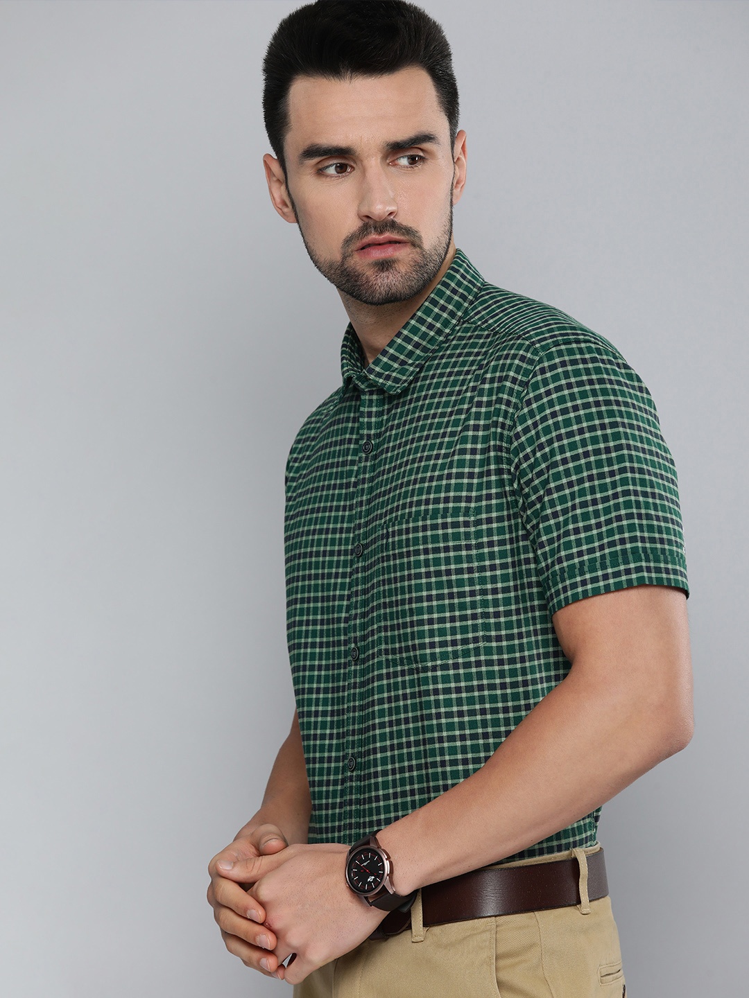 

Indian Terrain Men Green & Navy Blue Slim Fit Checked Pure Cotton Casual Shirt