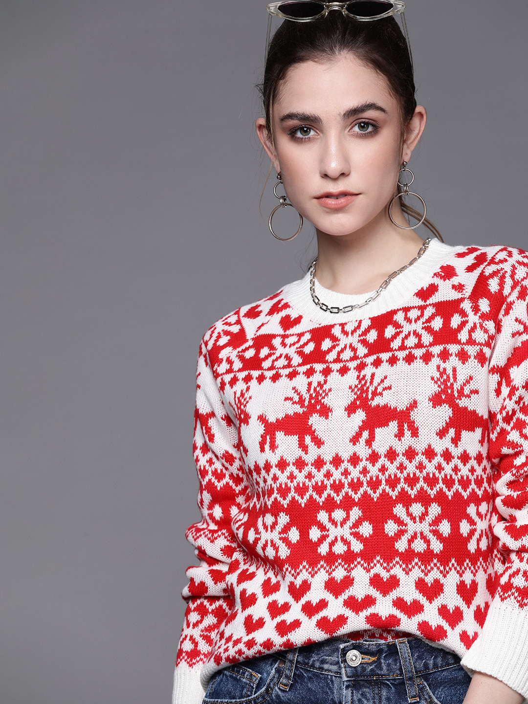 

JC Mode Women White & Red Fair Isle Pullover