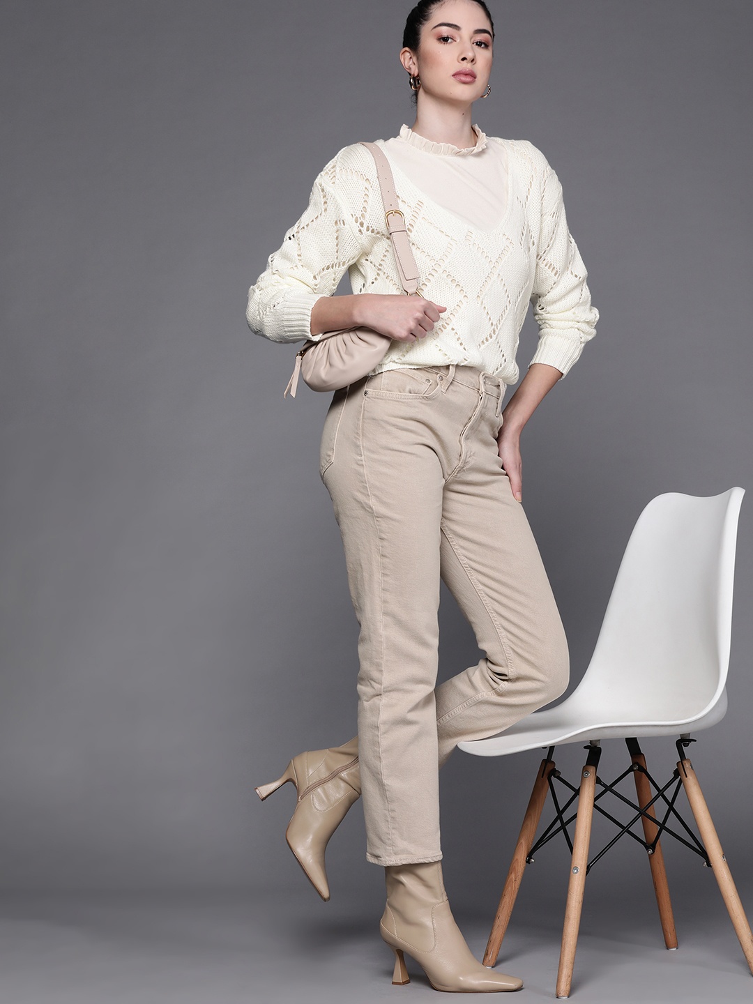 

JC Mode Women White Solid Open Knit Pullover Sweater