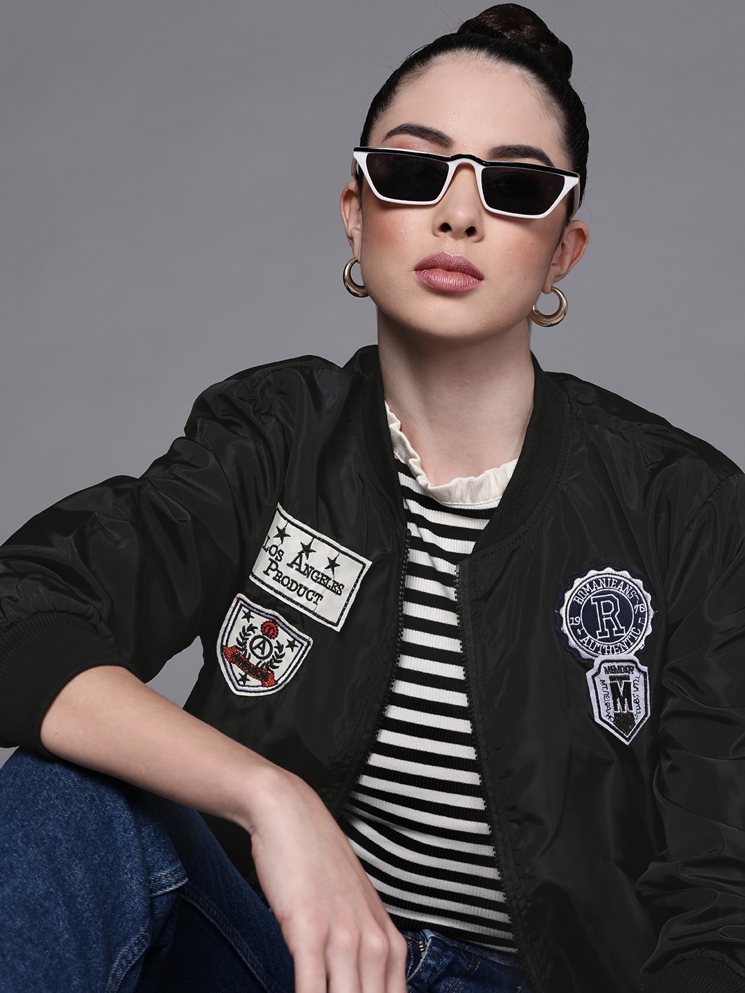 

JC Mode Women Black Applique Detail Bomber Jacket