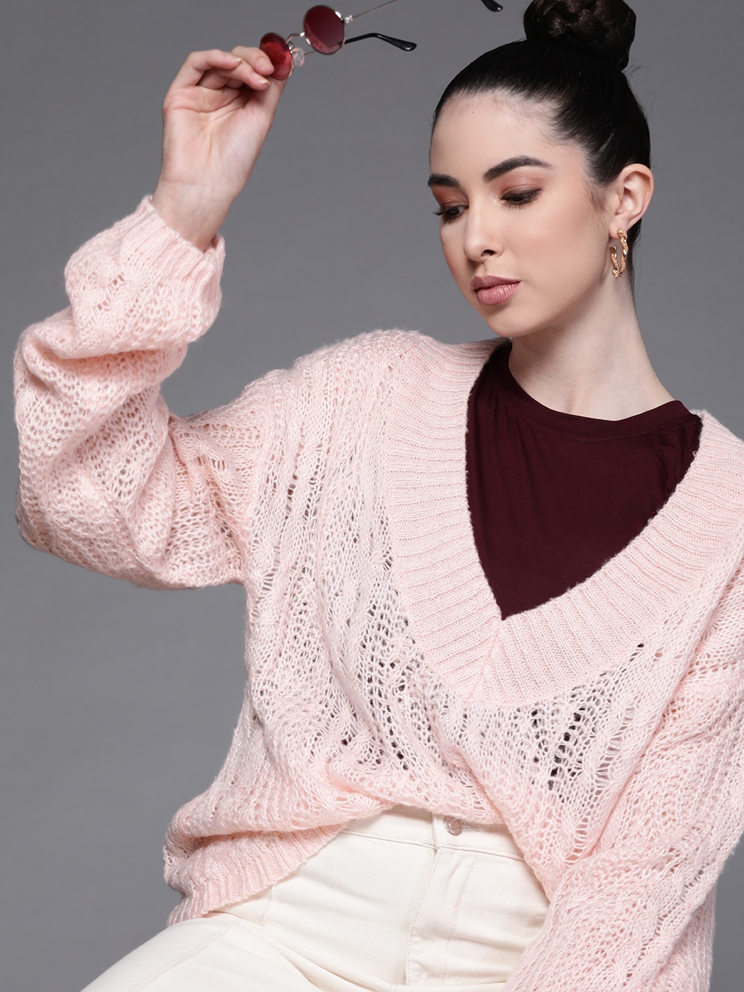 

JC Mode Women Pink Open Knit Pullover