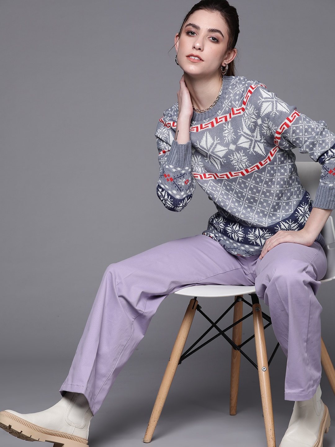 

JC Mode Women Grey & White Fair Isle Longline Pullover