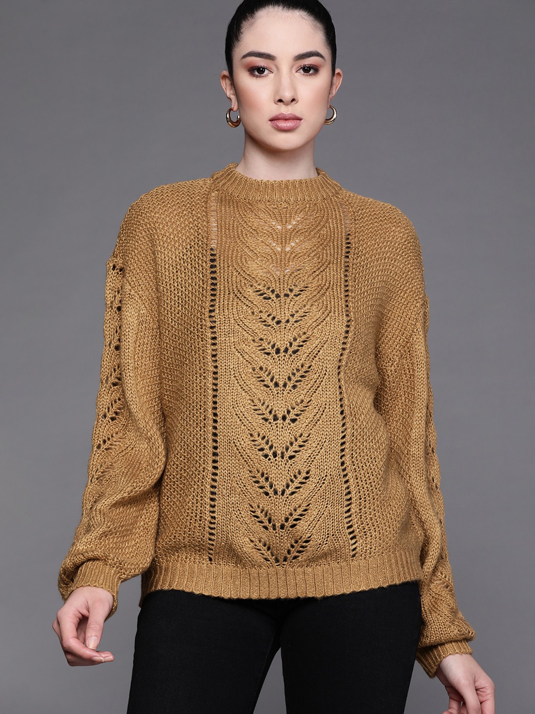 

JC Mode Women Mustard Brown Open Knit Pullover