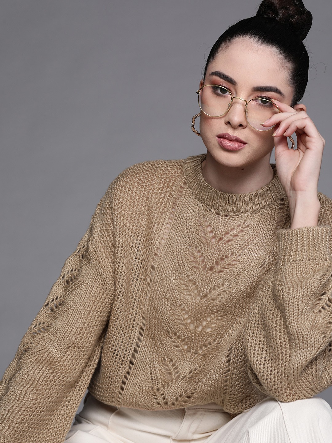 

JC Mode Women Taupe Open Knit Pullover
