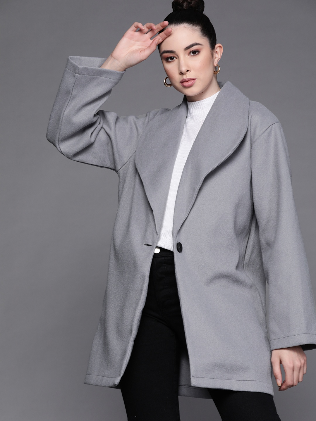 

JC Mode Women Grey Solid Regular Fit Button Closure Longline Coat