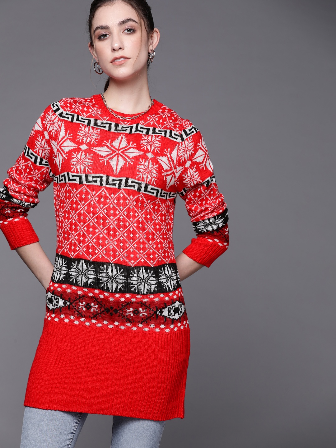 

JC Mode Women Red & White Fair Isle Longline Pullover