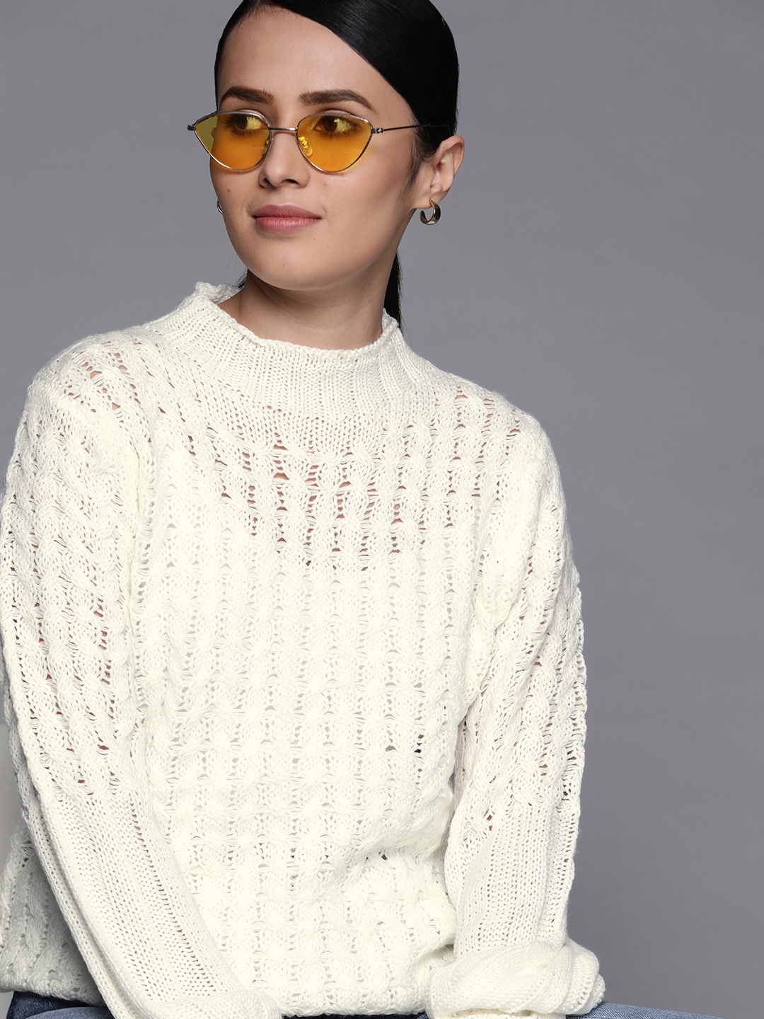 

JC Mode Women Off-White Open Knit Pullover