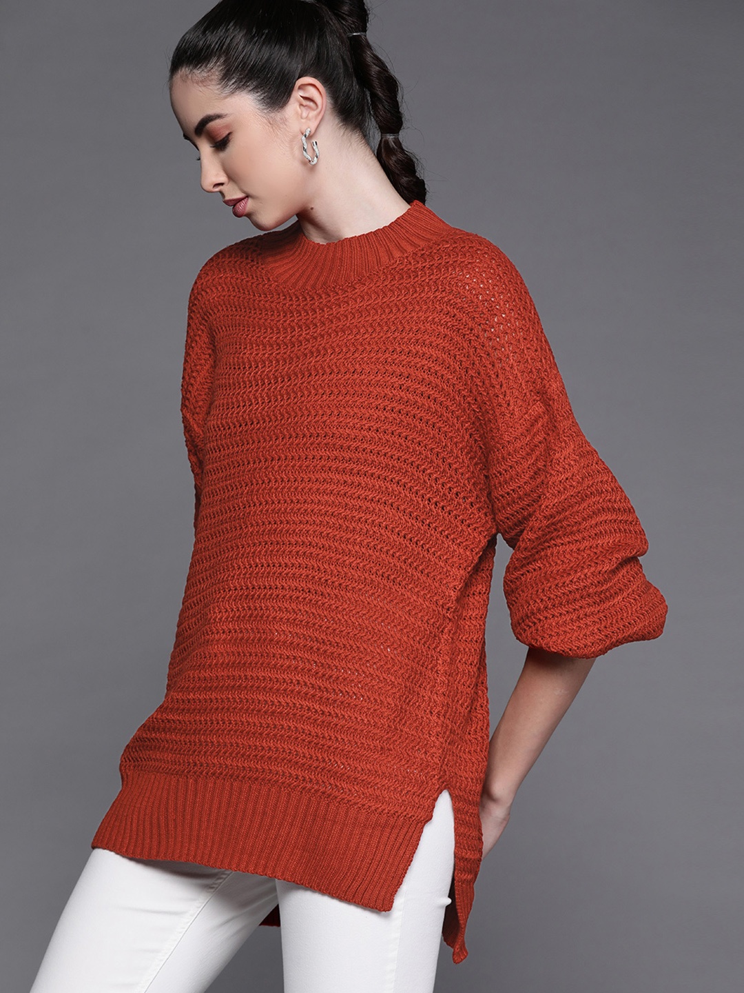 

JC Mode Women Rust Orange Open Knit High-Low Pullover
