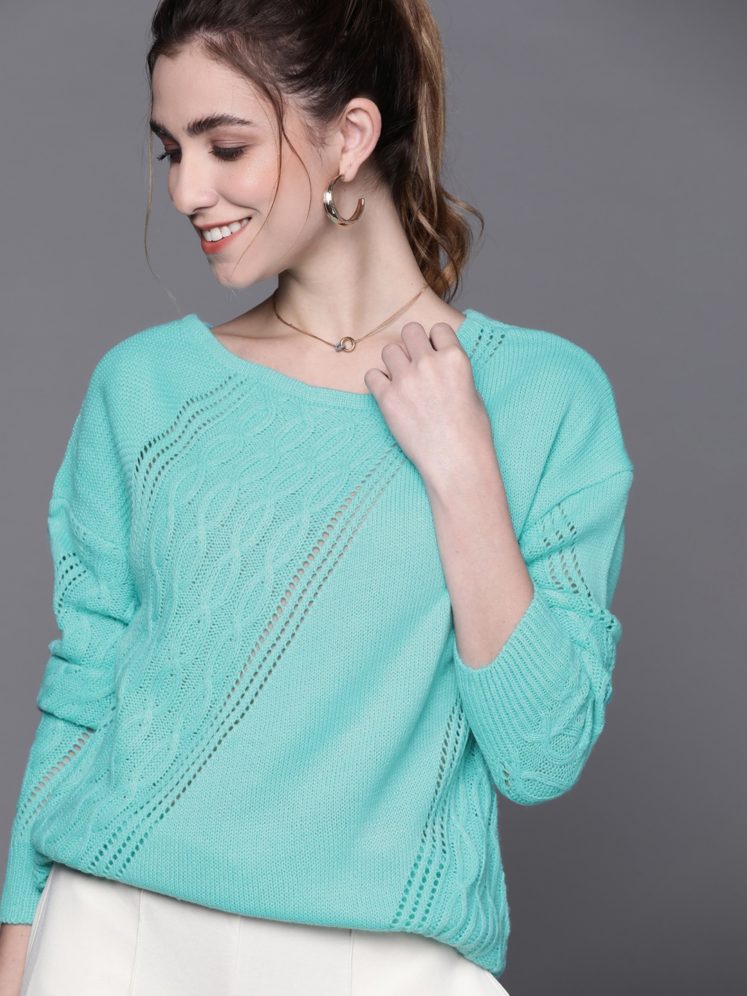 

JC Mode Women Green Open Knit Pullover