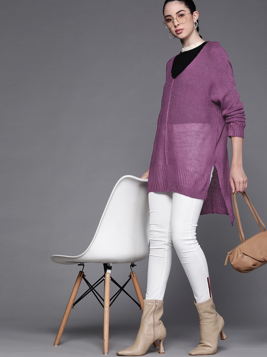 

JC Mode Women Purple Open Knit High-Low Pullover