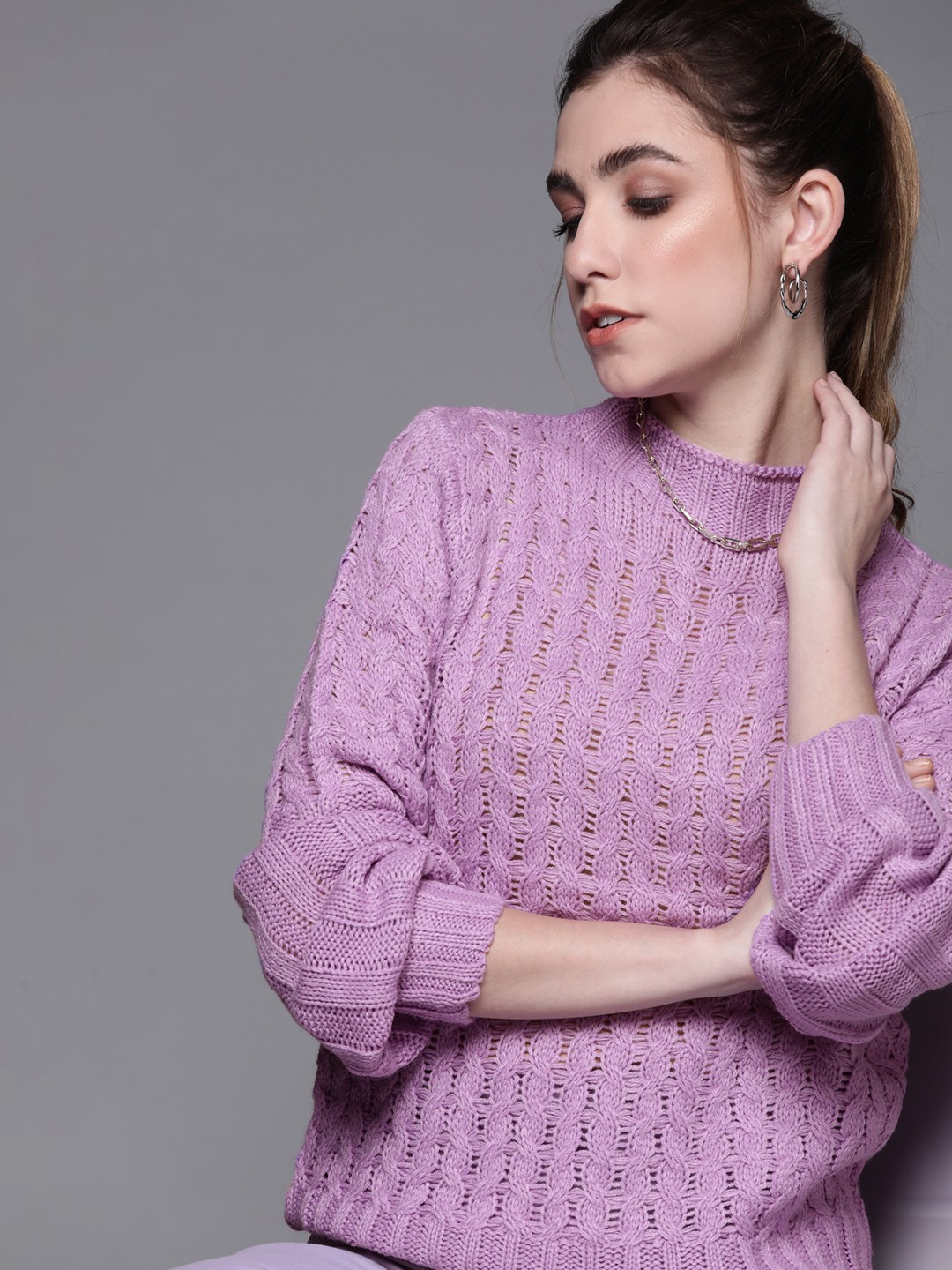 

JC Mode Women Purple Cable Knit Pullover