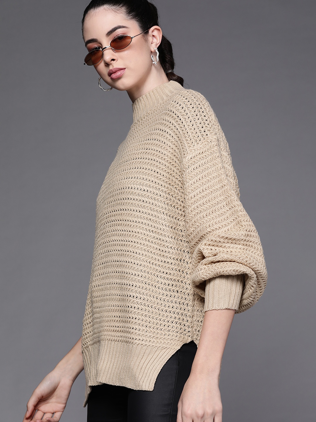 

JC Mode Women Beige Open Knit High-Low Pullover