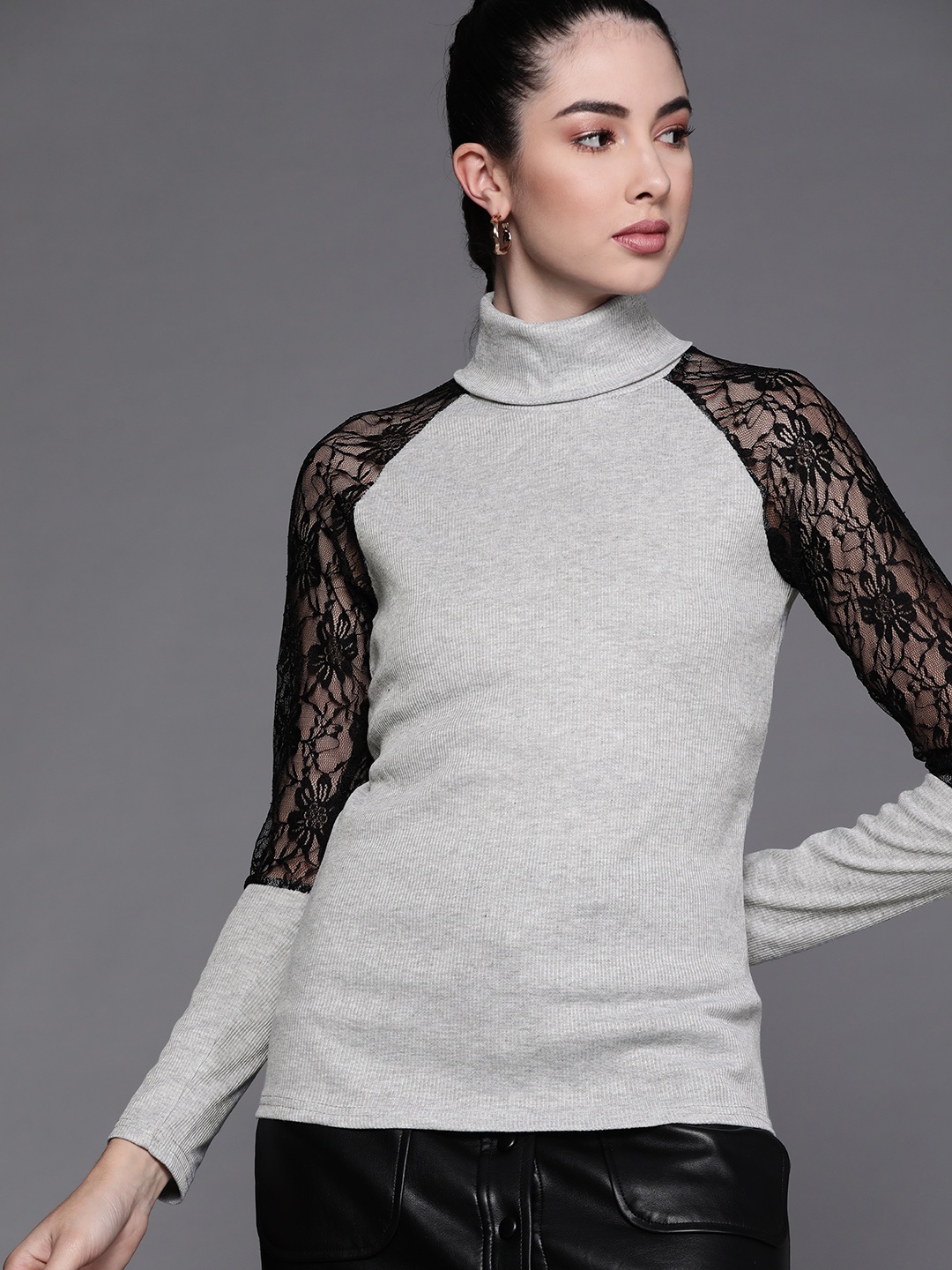 

JC Mode Women Grey Melange & Black Lace Inserts Pullover