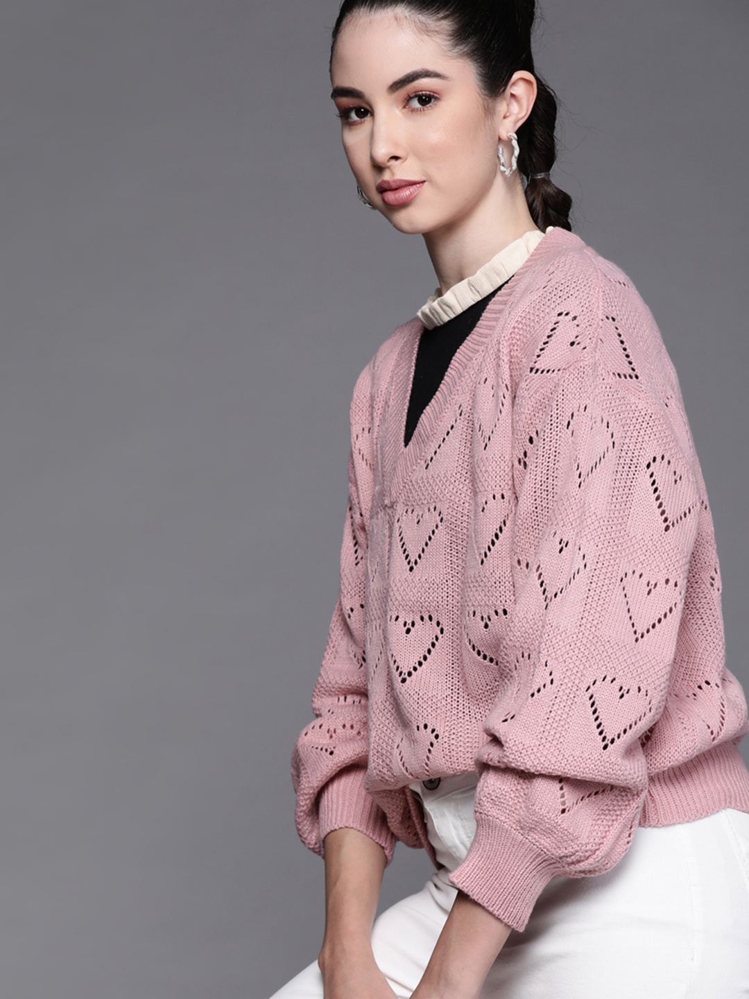 

JC Mode Women Pink Solid Open Knit Pullover Sweater