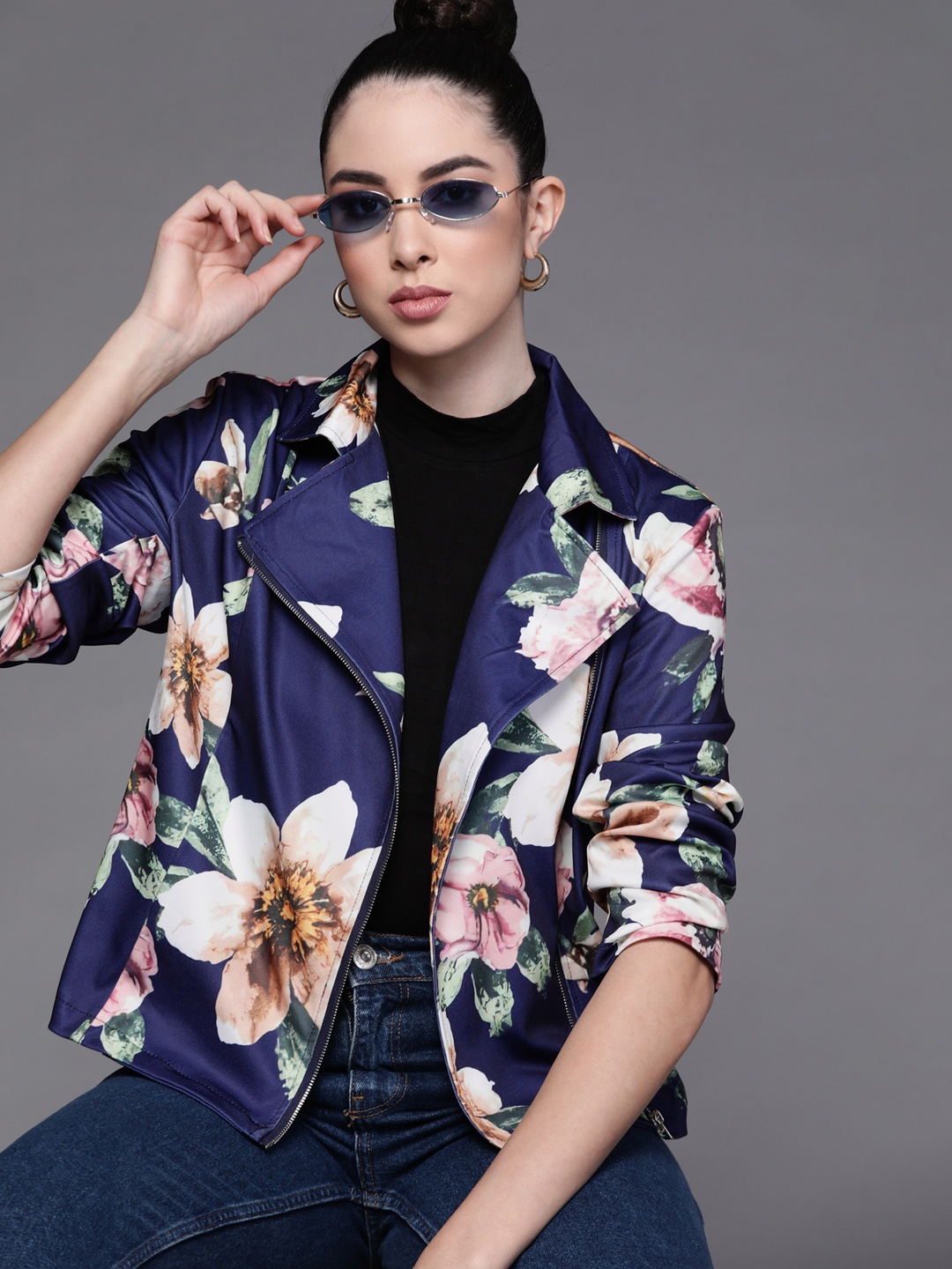 

JC Mode Women Navy Blue Pink Floral Printed Tailored Jacket