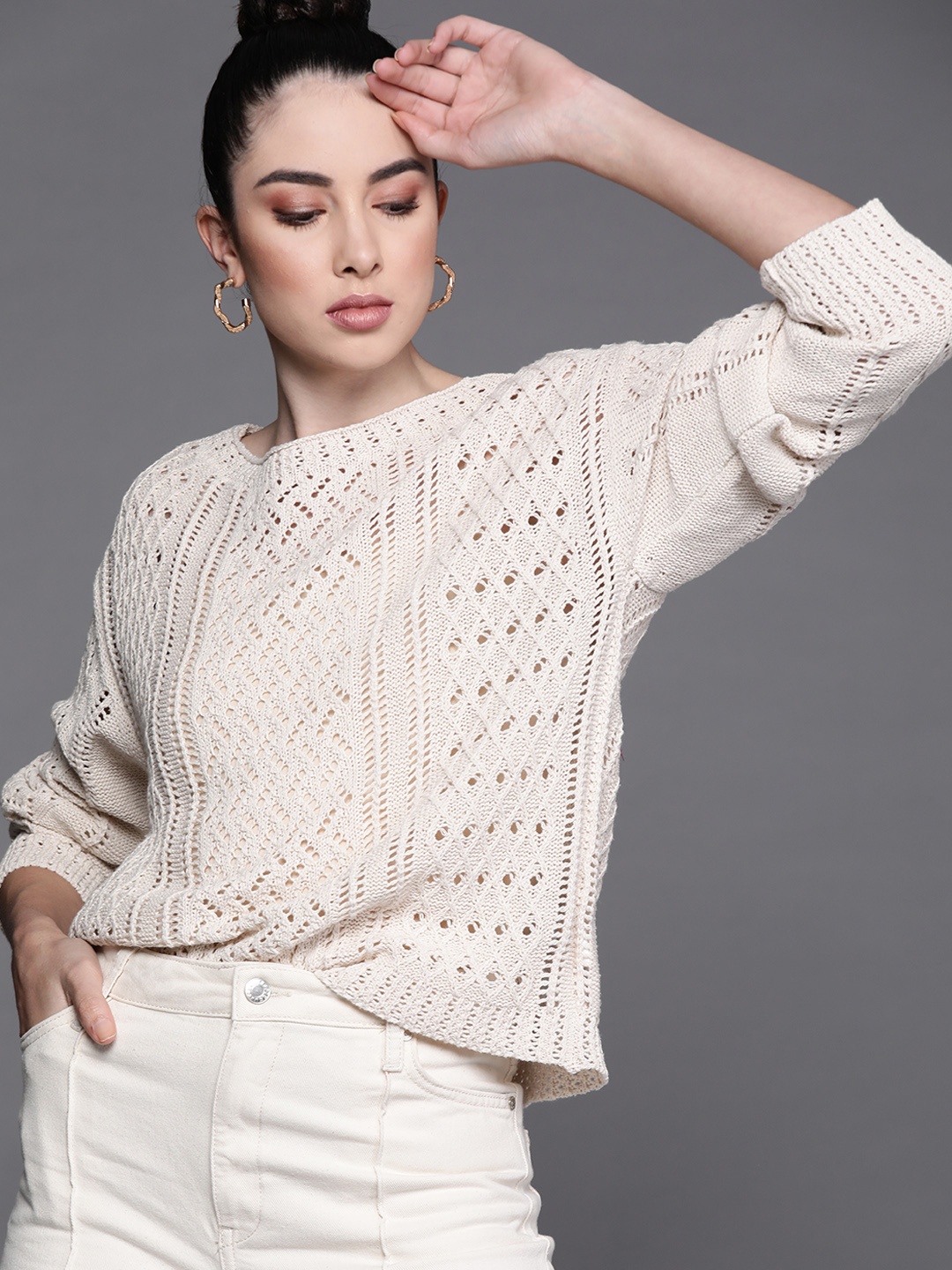 

JC Mode Women Off White Open Knit Pullover