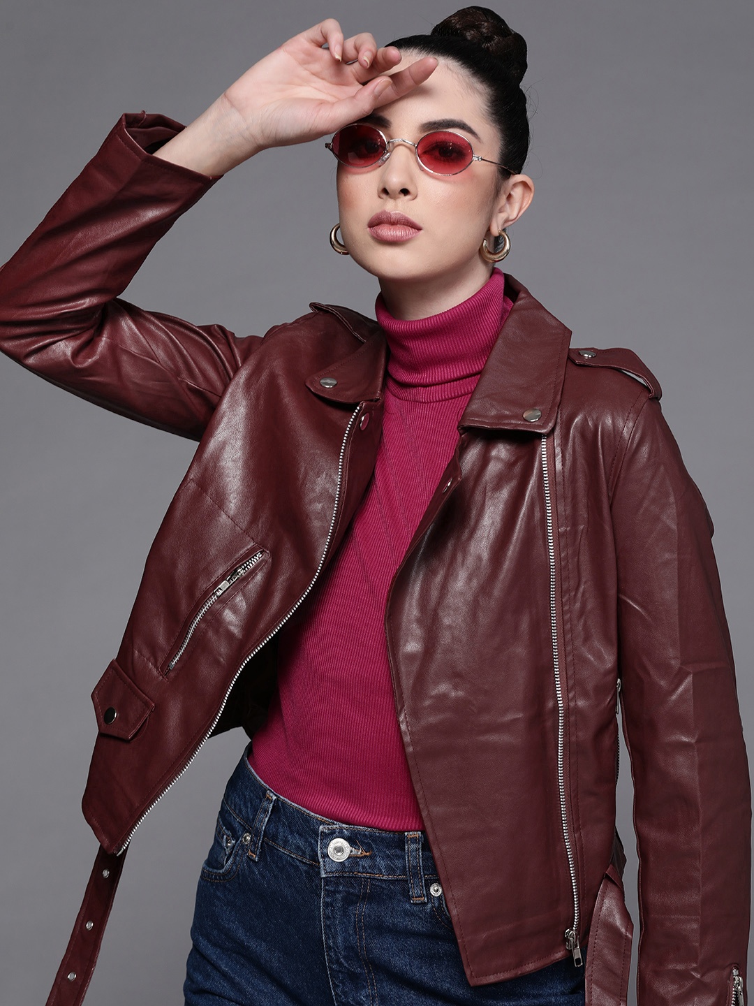 

JC Mode Women Maroon Asymmetric Closure Jacket