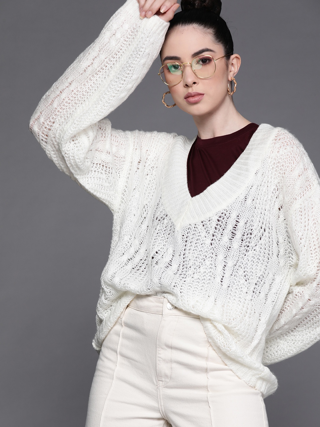 

JC Mode Women White Open Knit Pullover