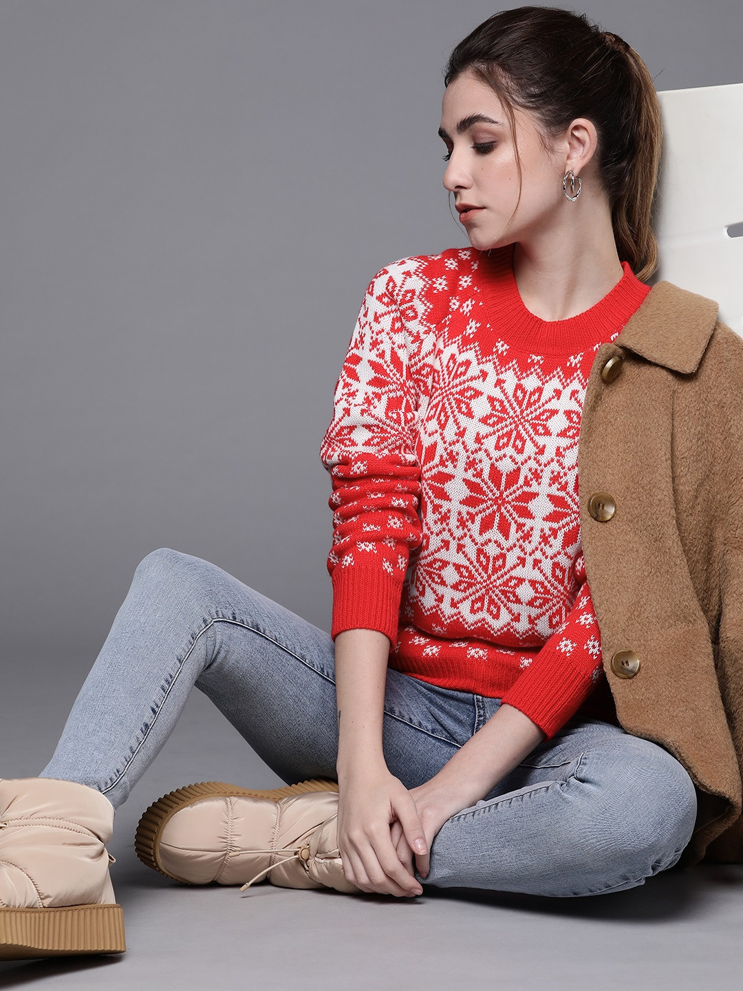 

JC Mode Women Red & White Fair Isle Pullover