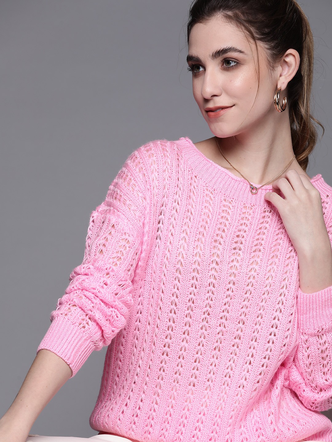

JC Mode Women Pink Open Knit Pullover