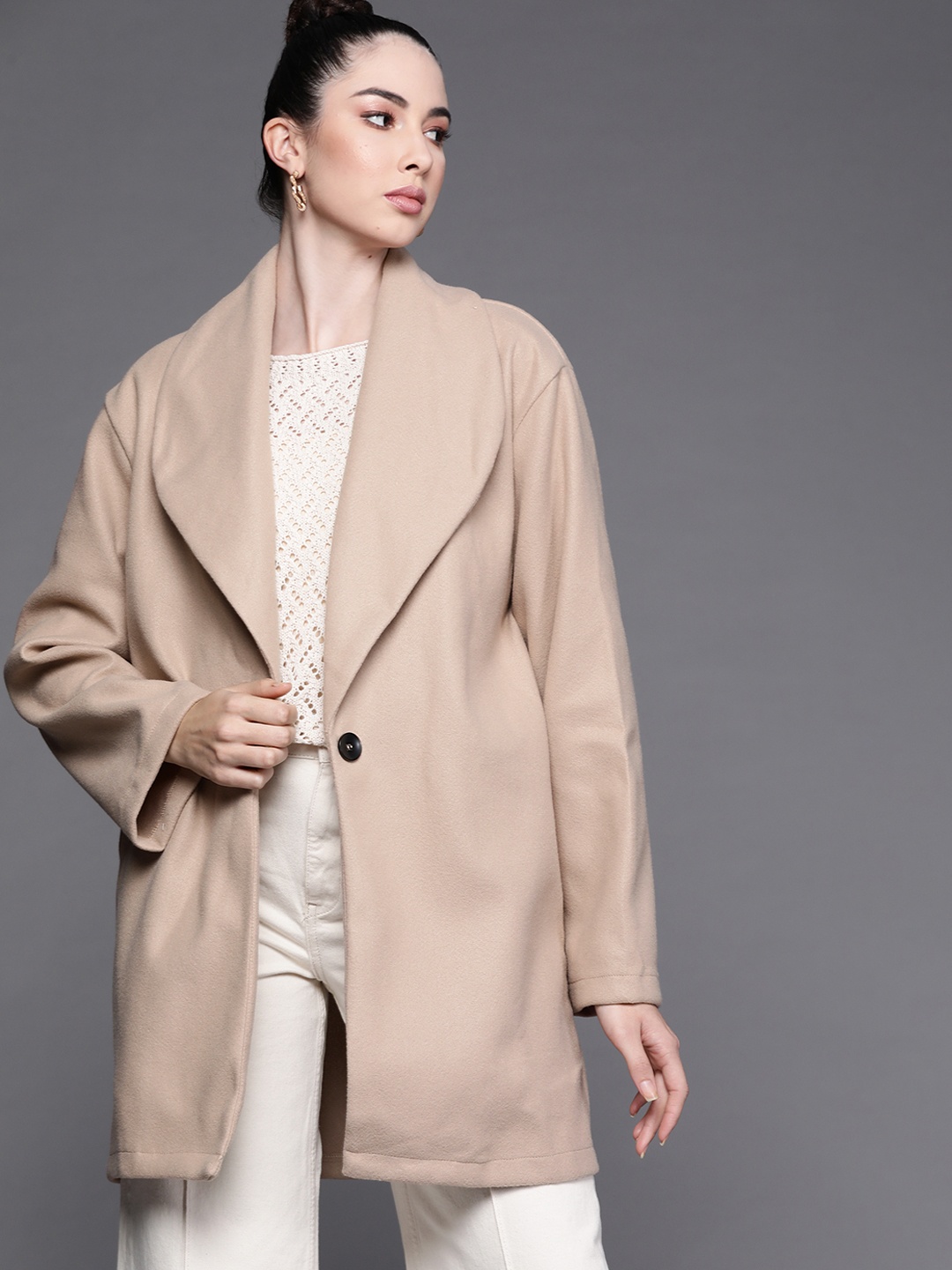 

JC Mode Women Beige Solid Longline Coat