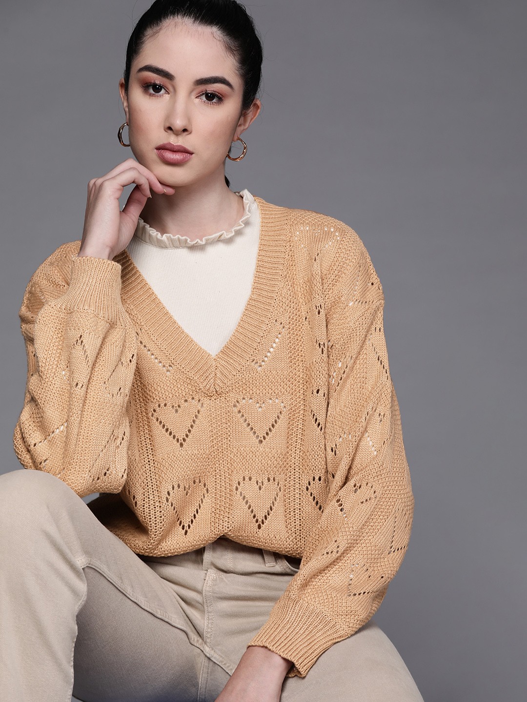 

JC Mode Women Beige Solid Open Knit Pullover Sweater