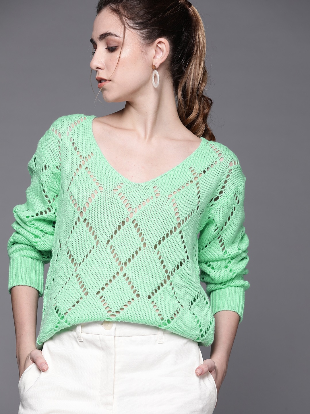 

JC Mode Women Green Open Knit Pullover