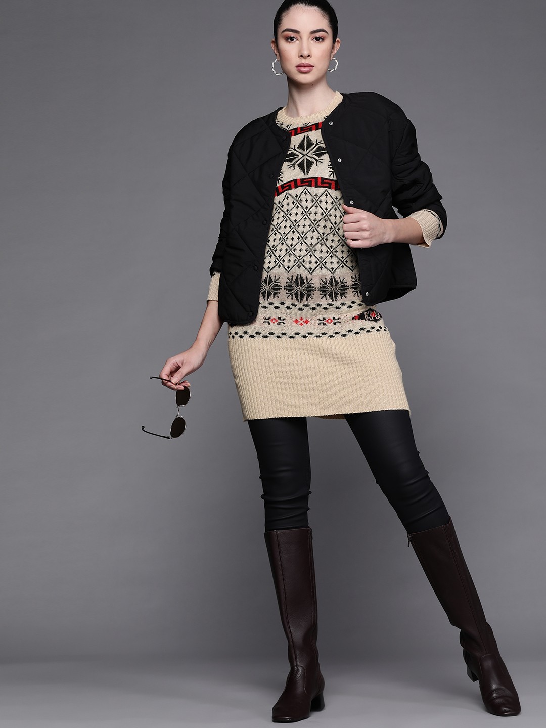 

JC Mode Women Beige & Black Fair Isle Longline Pullover