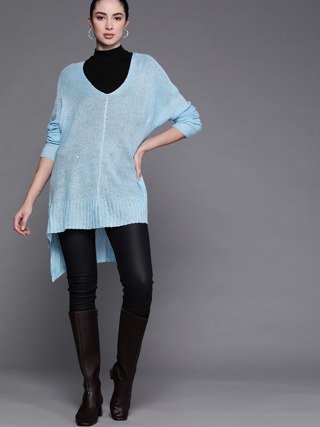 

JC Mode Women Blue Open Knit High-Low Pullover