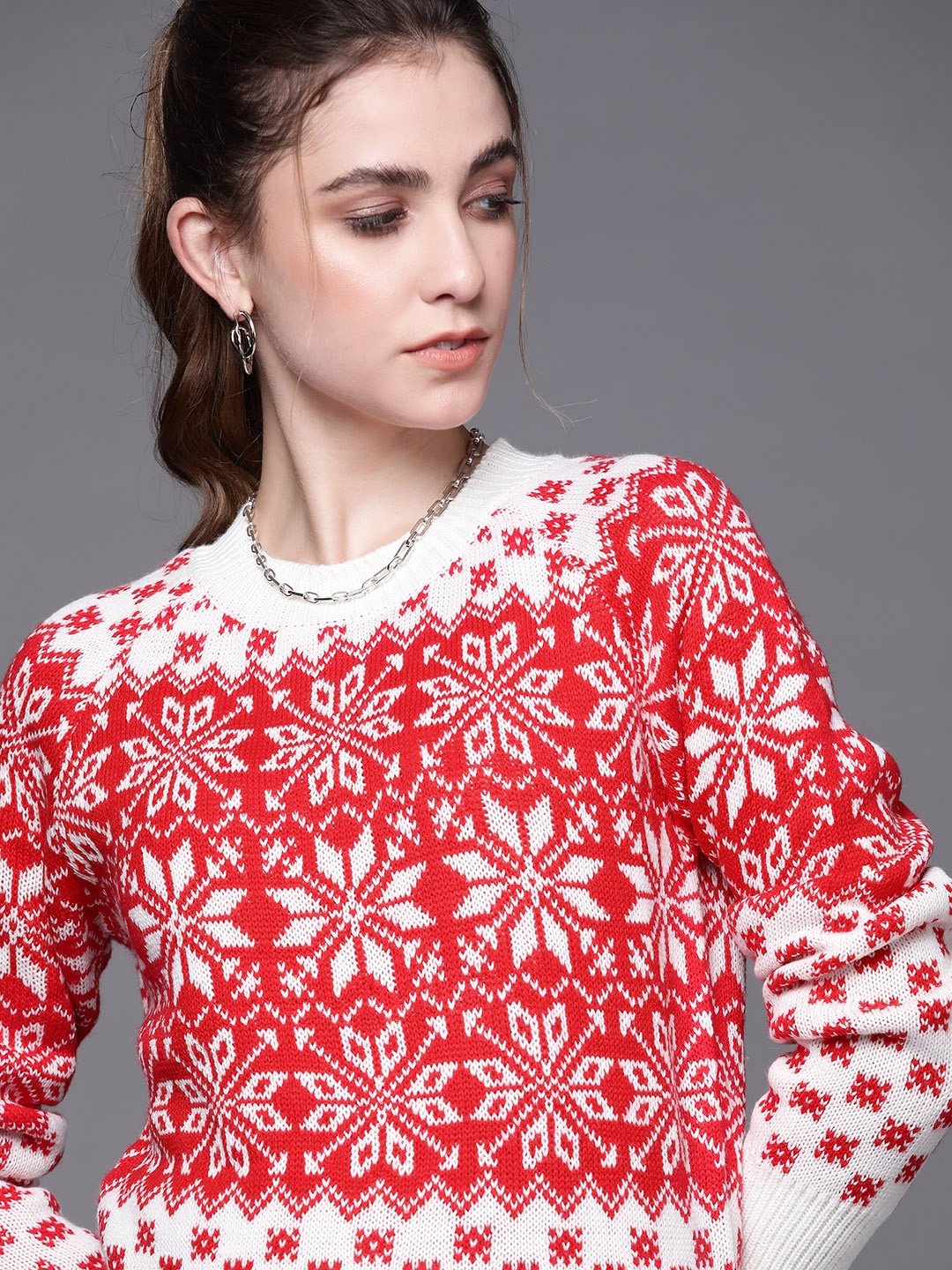 

JC Mode Women Red & White Fair Isle Pullover