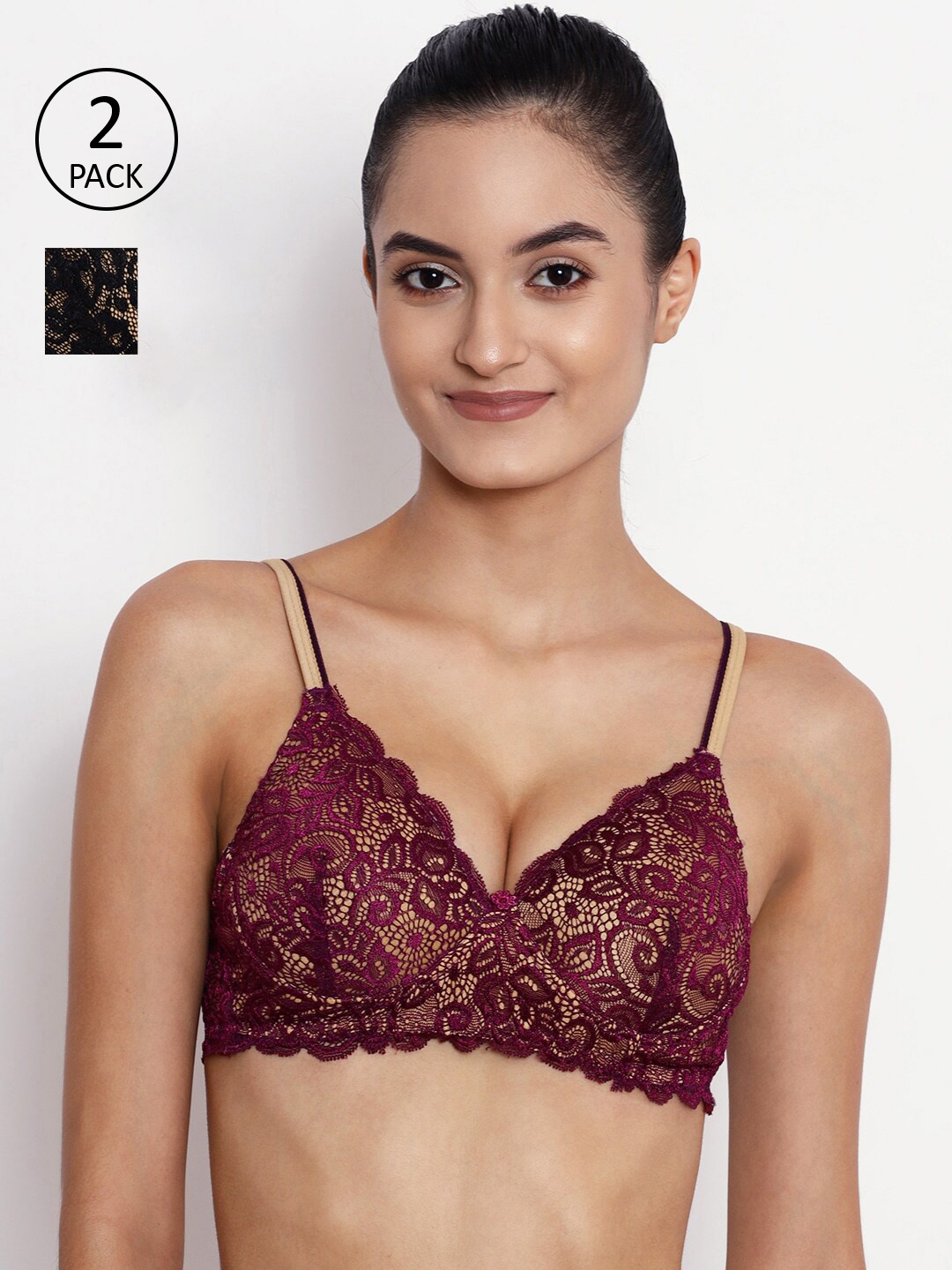 

ABELINO Pack Of 2 Black & Purple Floral Push-Up Bra Heavily Padded