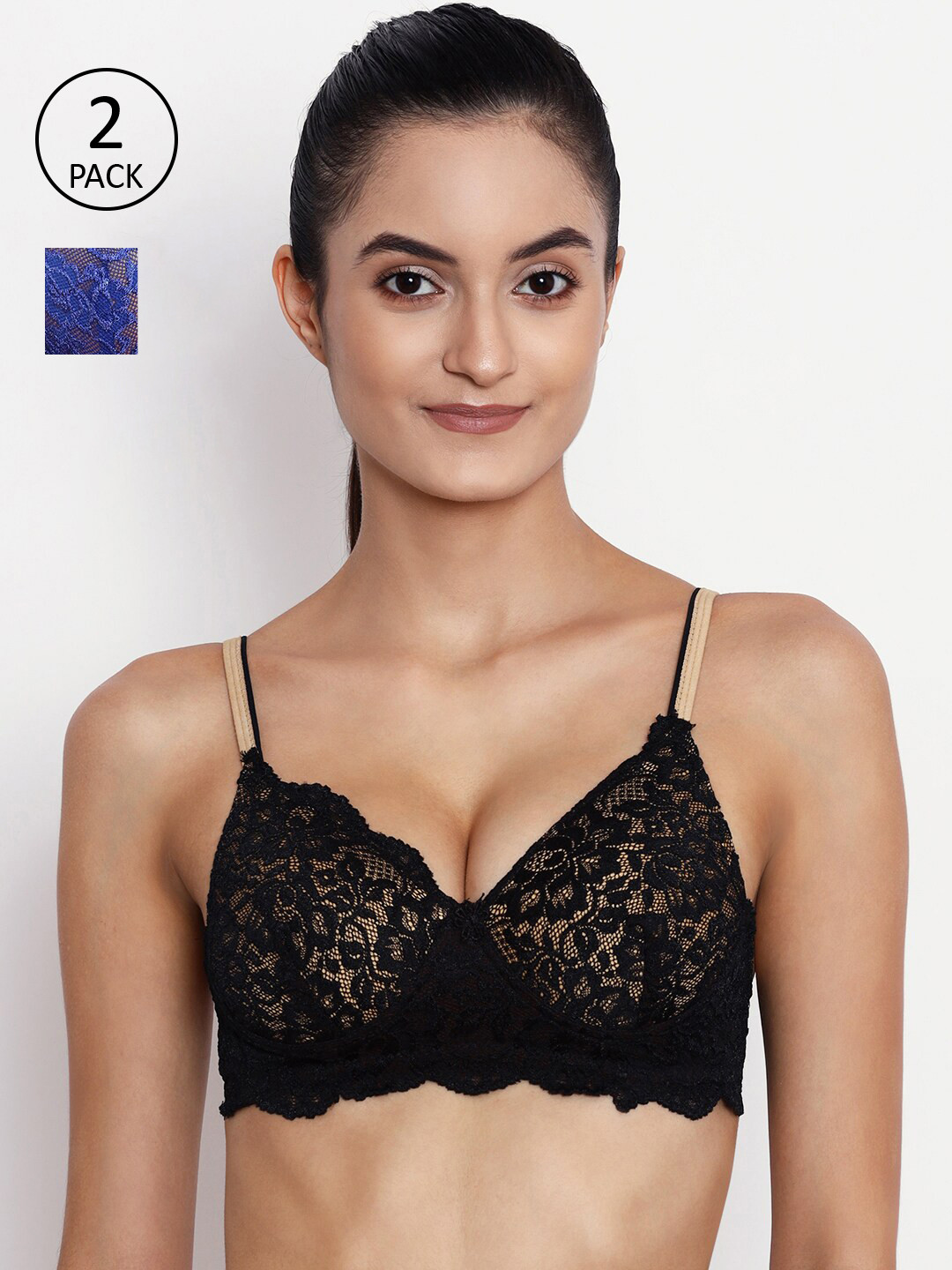 

ABELINO Pack of 2 Black & Blue Floral Push-Up Bra Heavily Padded