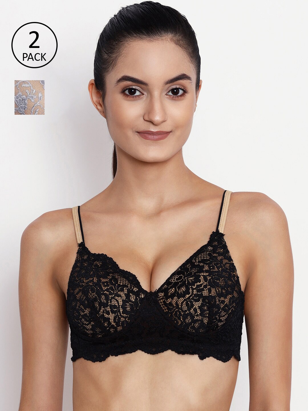 

ABELINO Pack of 2 Black & Grey Floral Push-Up Bra Heavily Padded