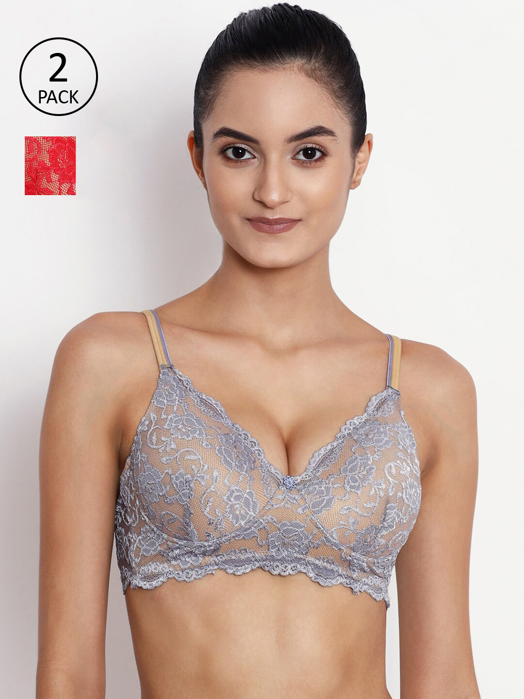 

ABELINO Pack of 2 Grey & Red Floral Push-Up Bra Heavily Padded