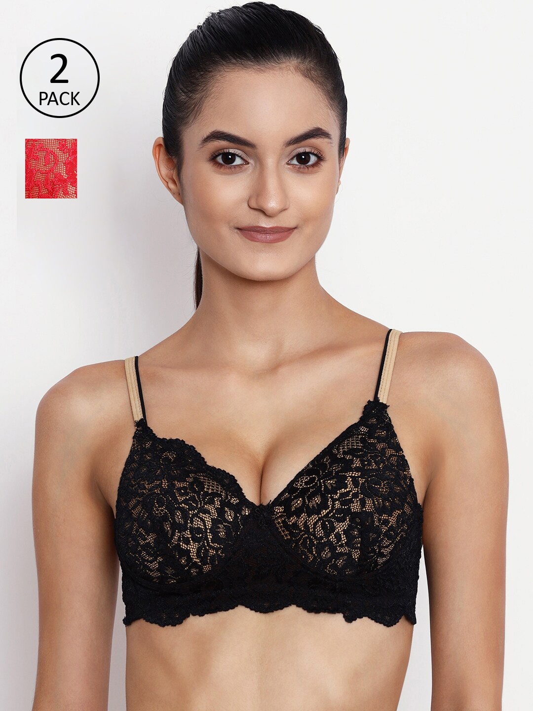 

ABELINO Pack Of 2 Black Floral Push-Up Bra Heavily Padded