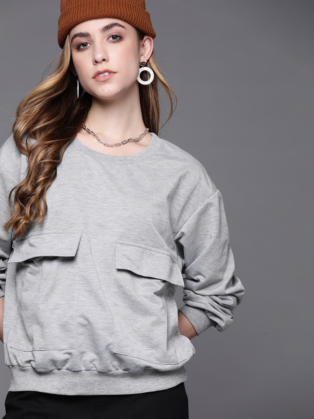 

JC Mode Women Grey Melange Solid Sweatshirt